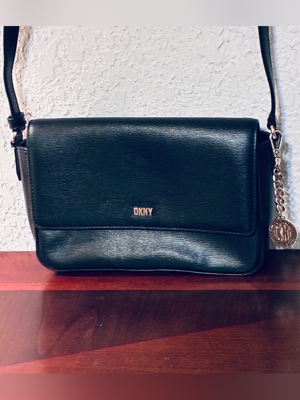 DKNY Black Leather Crossbody with Gold Charm